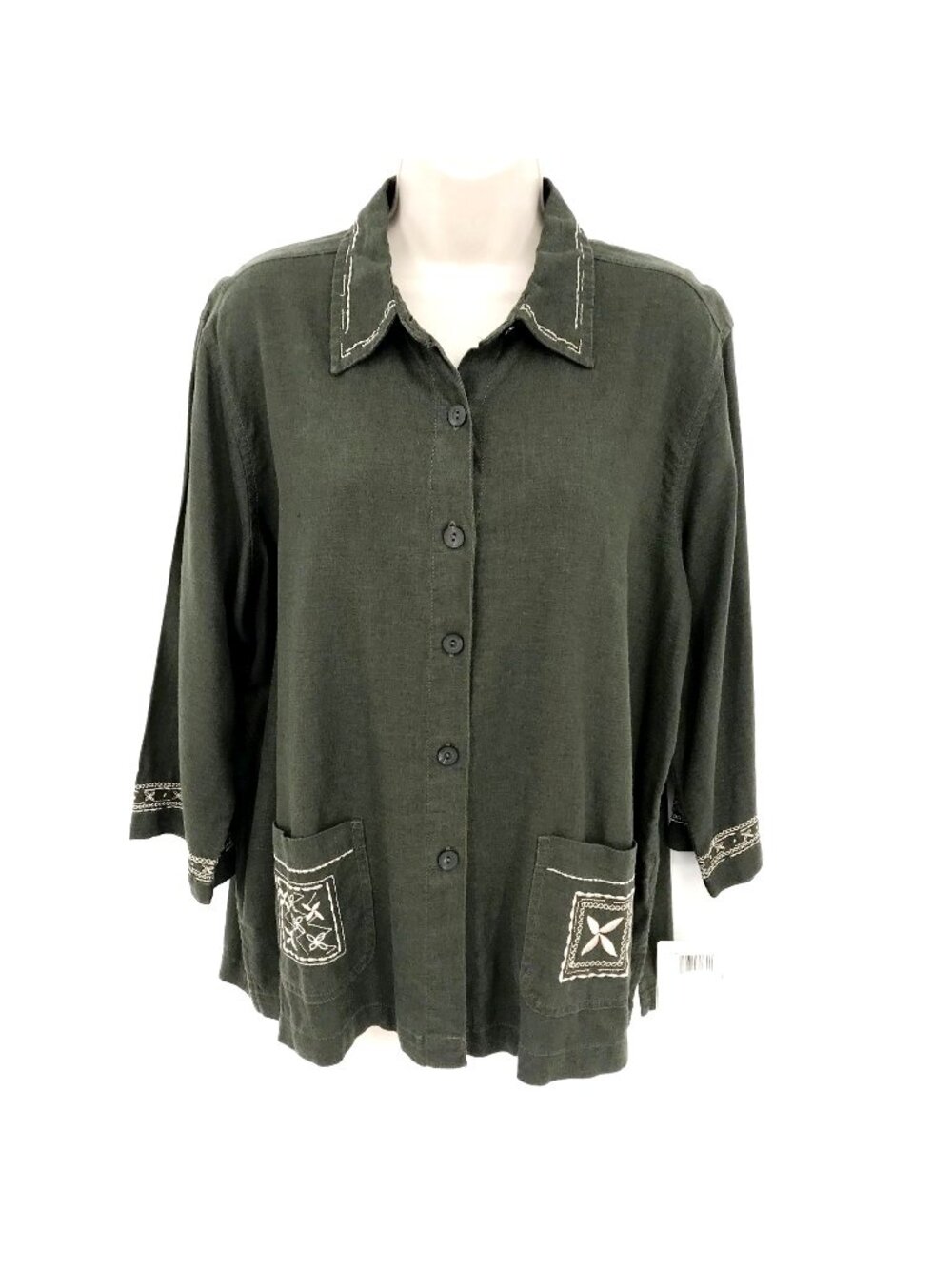 NWT Erika Womens Linen Blend Olive Green Button-Up Embroidered Blouse L